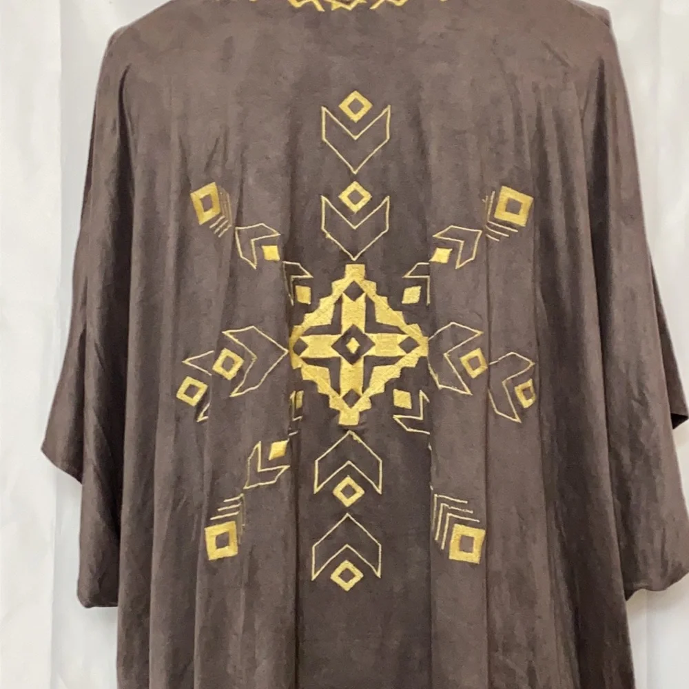 Brown Tassel Embroidery Open Front Boho Coverup M